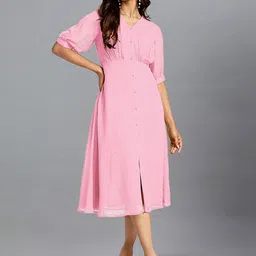 Janasya Polyester Puff Sleeve A-Line Midi Dress-picture-16