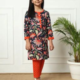 READIPRINT FASHIONS Kids Navy & Orange Printed Kurti with Pants-image-7