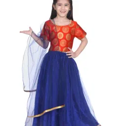 BownBee Kids Orange & Blue Zari Work Lehenga Choli With Dupatta-image-92