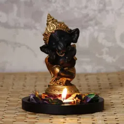 Golden and Black Lord Ganesha Dancing Avatar Showpiece with Base, Fragranced Petals and Tealight-17