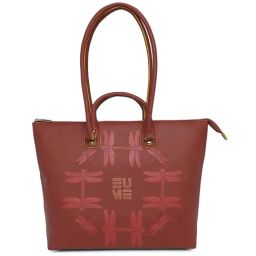 Eume Dragonfly Hot Sauce Red Leather Printed Tote Handbag-34