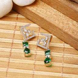 Zeneme Rhodium Plated Brass Crystal AD Geometric Drop Contemporary Earrings-image-91