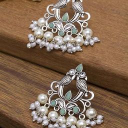 Panash Oxidized Silver-Plated Stone Studded Peacock Shaped Stud Earrings-28