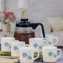 Cello Floral Multicolor Opalware Tea Set - Set of 6 Cups (180ml) & 1 Tea Pot (750ml)-25
