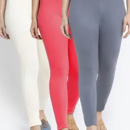 Gracit Grey & Peach Mid Rise Leggings - Pack Of 3-image-89