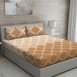 GM 'Matthiola' Brown Cotton 150 TC Double Bedsheet with 2 Pillow Covers-image-86