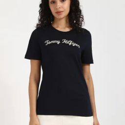 Tommy Hilfiger Navy Cotton Regular Fit Logo Printed T-Shirt-image-0