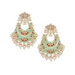 OOMPH Mint Green Meenakari with Kundan Lotus Design Chand Bali Earrings image 3