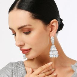 OOMPH Silver Tone Jadau Kundan & Pearl Ethnic Lrage Jhumki Earrings image 3