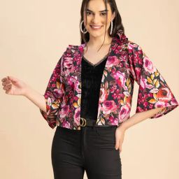 Moomaya Pink & Black Cotton Floral Print Jacket-image-60