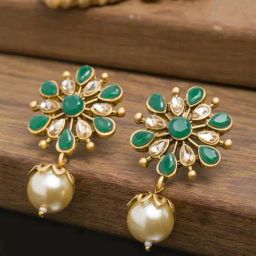 Panash Green Gold-Plated Floral Handcrafted Kundan Drop Earrings-16