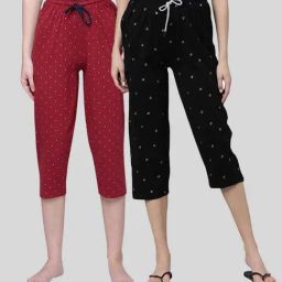 Kryptic Maroon & Black Elasticated Waist Band Relaxed Fit Printed Cotton Capris - Pack of 2-image-48