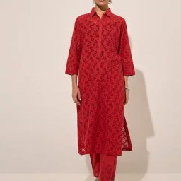 Zuba by Westside Red Floral Cut-Out Detailed A-Line Cotton Kurta-image-19