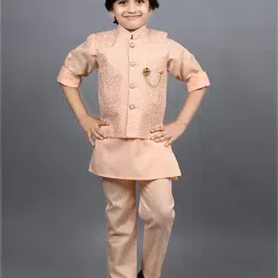 Ahhaaaa Kids Peach Embellished Full Sleeves Sherwani, Jacket & Pyjamas-image-53