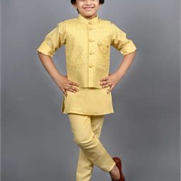Ahhaaaa Kids Yellow Embellished Full Sleeves Sherwani, Jacket & Pyjamas-image-86