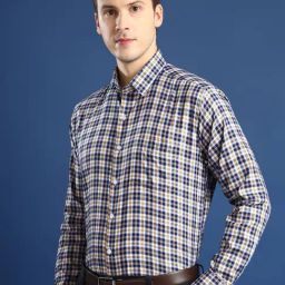 Hancock Navy Cotton Slim Fit Checks Formal Shirt-image-39