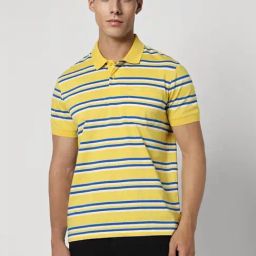 Van Heusen Yellow Cotton Skinny Fit Striped Polo T-Shirts-image-65