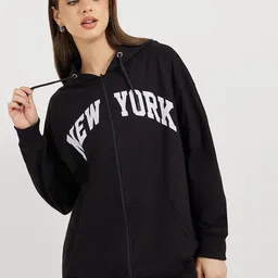 Styli Women Oversized Fit Long Zip Through Slogan Hoodie-image-17