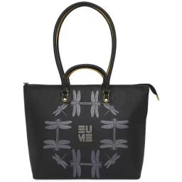 Eume Dragonfly Black Leather Printed Tote Handbag-image-64