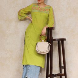 Varanga Floral Embroidered Cotton Bell Sleeves Round Neck Straight Kurta-23