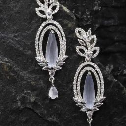 Zeneme Rhodium Plated Grey AD Studded Teardrop Shaped Drop Earrings-35