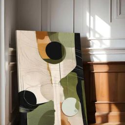 Art Street Beige & Green Geometric Abstract Stretched Canvas Painting-24