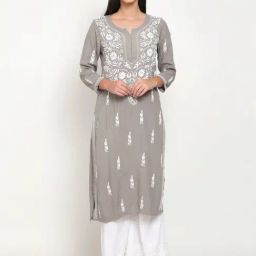 PARAMOUNT CHIKAN Grey Hand Embroidered Chikankari Straight Kurta-image-88