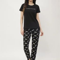 MADAME M Secret Black & White Cotton Graphic Print T-Shirt With Pyjamas-image-83