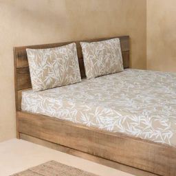 Westside Home Beige Leaf Print King Bed Flat Sheet and Pillowcase Set-image-33