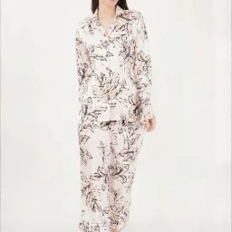 Urban Sundari Peach Satin Casual Fit Floral Print Pyjama Set-picture-4