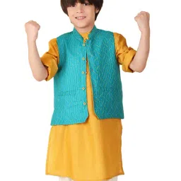 Fabindia Kids Teal Printed Nehru Jacket-image-31