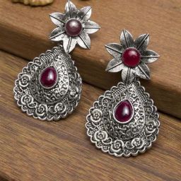 Panash Oxidized Silver-Plated Stone Studded Peacock Shaped Dangler Earrings-29