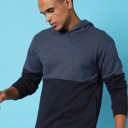 Campus Sutra Navy Blue Cotton Regular Fit Colour Block Hooded Sweatshirt-11