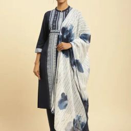 W White & Blue Cotton Printed Dupatta-image-86