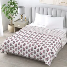 Divine MOdex White & Pink Floral Printed Cotton 180 TC AC Room Reversible Double Bed Dohar-image-21