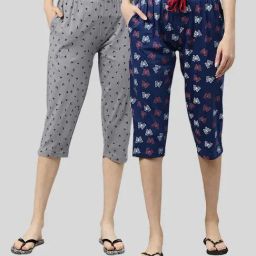 Kryptic Navy & Grey Elasticated Waist Band Relaxed Fit Printed Cotton Capris - Pack of 2-image-78