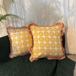 LUSHLYF Sundrop Ruffle Yellow & White 2 Pieces Printed Cotton Square Cushion Covers-image-40