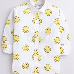 Polka Tots Full Sleeves Smiley Theme Printed Shirt With Smile Printed Attached T Shirt - White-image-39