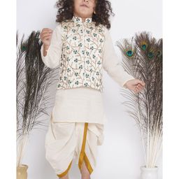 Little Bansi Full Sleeves Banarsi Silk Floral Embroidery Jacket With Kantha Kurta And Dhoti - Cream Green-picture-49