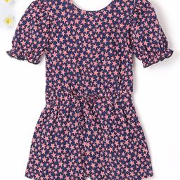 Tiara Half Puffed Sleeves All Over Striped Stars Printed Backless Summer Jumpsuit - Red & Blue-image-35