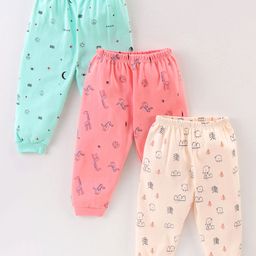 Mini Donuts Cotton Full Length Lounge Pants Dino Print Pack Of 3 - Pink Green & Peach-2
