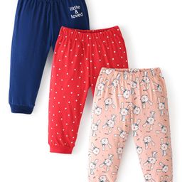 Doodle Poodle 100% Cotton Full Length Lounge Pants Bunny Printed Pack of 3 - Red Navy Blue & Peach-image-11