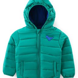Babyhug Woven Full Sleeves Solid Color Padded Hooded Jacket With Dino Patch Detailing - Green-image-11