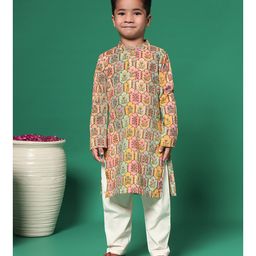 READIPRINT Full Sleeves Floral Block Printed Ethnic Kurta & Solid Pyjama Set - Grey-picture-12