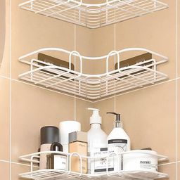 MOMISY Wall Mounted Self Adhesive Corner Shelf for Bathroom Corner/Kitchen Rack Holder with Magic Sticker/Bathroom Organizer without Drill (3, L shape White)-10