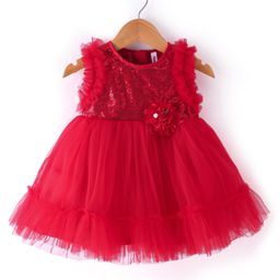 Babyhug Sleeveless Party Mesh Dress With Sequinned Yoke - Red-image-71