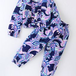 CrayonFlakes Cotton Floral Printed Coordinating Top With Joggers Set - Blue-picture-19