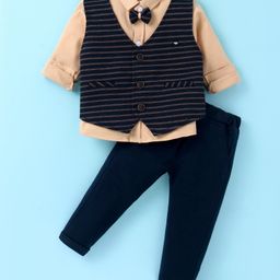 Mini Taurus Sinker Knit Full Sleeves Striped 3 Piece Party Suit with Attached Bow - Navy Blue-image-75