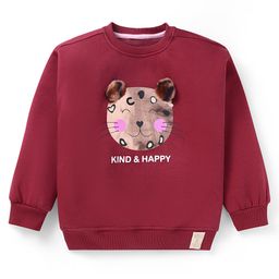 Little Kangaroos Cotton Knit Full Sleeves Sweatshirt with Foil Print & Pom Pom Applique - Dark Red-picture-4