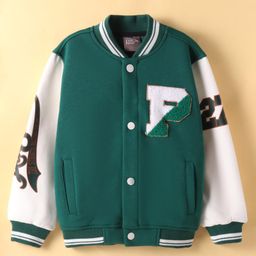 Little Kangaroos Fleece Woven Full Sleeves Bomber Jacket With Text Print - Teal Blue-image-91